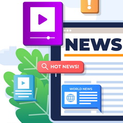 Bildschirm mit News und Blättern im Hintergrund