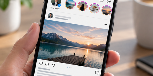 Hand hält Handy mit Feed bei Instagram