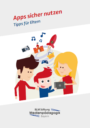 Titelbild der Broschüre Apps sicher nutzen, Zeichentrickkinder schauen auf Handy