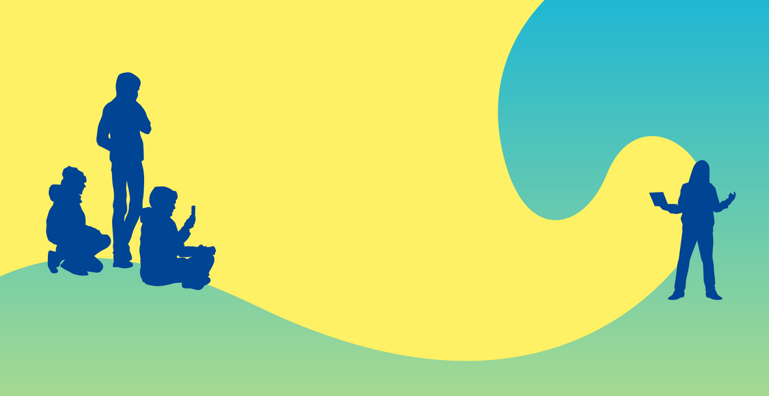 Visual zur Publikation gegen digitale Hasskriminalität - Gruppe von Jugendlichen steht einem Jugendlichen gegenüber