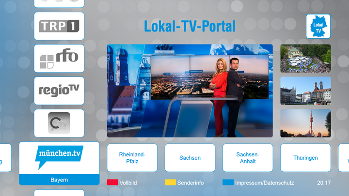 Screenabbildung Lokal-TV: Oberfläche der Multithek mit Logos der Lokal-TV-Sender und der Auswahlmöglichkeit nach Bundesland Screenabbildung Lokal-TV: Oberfläche der Multithek mit Logos der Lokal-TV-Sender und der Auswahlmöglichkeit nach Bundesland